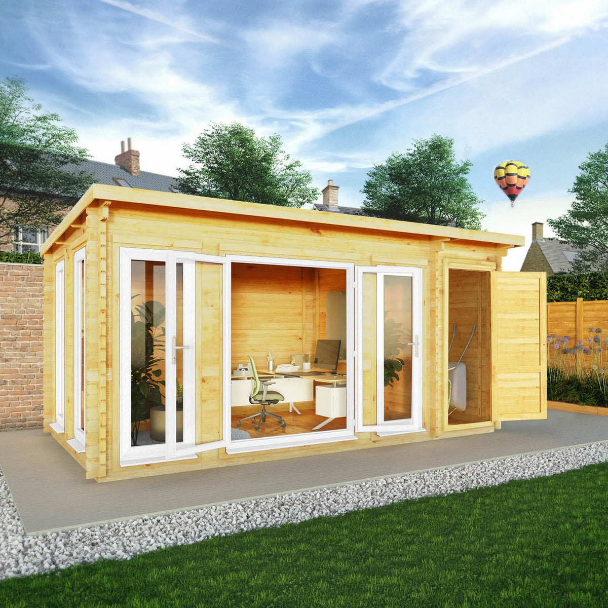 Mercia Studio 10' 11" x 16' 10" Pent Cabin with Shed - Premium 44mm Cladding Loglap - White UPVC