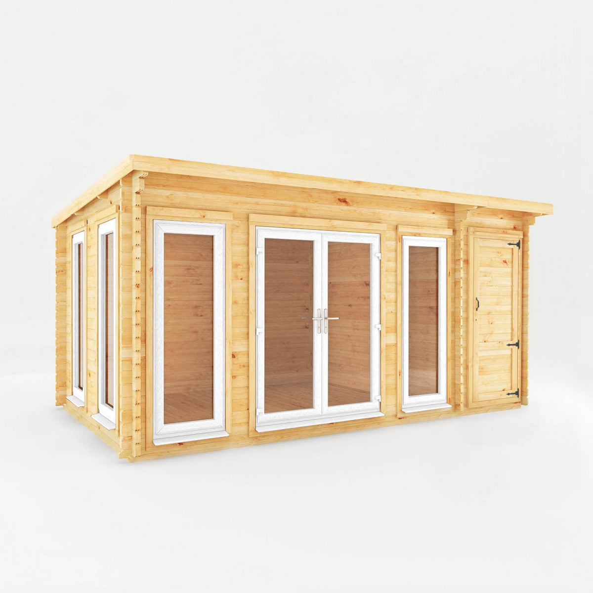 Mercia Studio 10' 11" x 16' 10" Pent Cabin with Shed - Premium 44mm Cladding Loglap - White UPVC