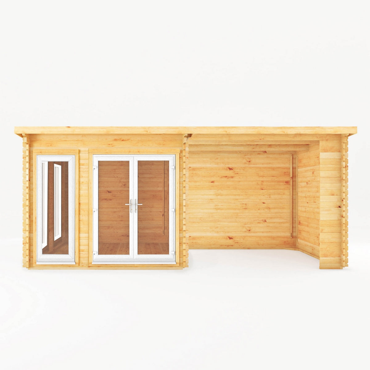 Mercia Studio 10' 11" x 19' 4" Pent Log Cabin - Premium 44mm Cladding Loglap - White UPVC
