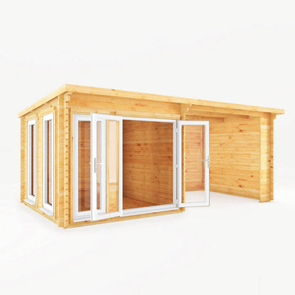 Mercia Studio 10' 11" x 19' 4" Pent Log Cabin - Premium 44mm Cladding Loglap - White UPVC