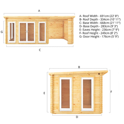 Mercia Studio 10' 11" x 22' 8" Pent Log Cabin - Premium 44mm Cladding Loglap - White UPVC