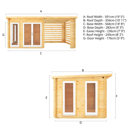 Mercia Studio 10' 11" x 19' 4" Pent Log Cabin Slatted - Premium 44mm Cladding Loglap - White UPVC