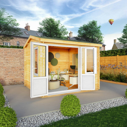 Mercia Elite 10' 3" x 9' 11" Reverse Apex Log Cabin - Premium 44mm Cladding Loglap - White UPVC