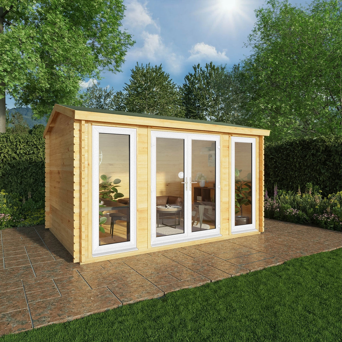 Mercia Studio 10' 3" x 13' 2" Apex Log Cabin - Premium 44mm Cladding Loglap - White UPVC