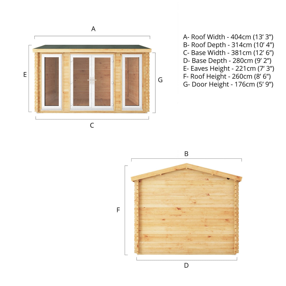 Mercia Studio 10' 3" x 13' 2" Apex Log Cabin - Premium 44mm Cladding Loglap - White UPVC