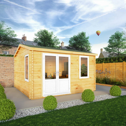 Mercia Elite 13' 6" x 13' 2" Apex Log Cabin - Premium 44mm Cladding Loglap - White UPVC