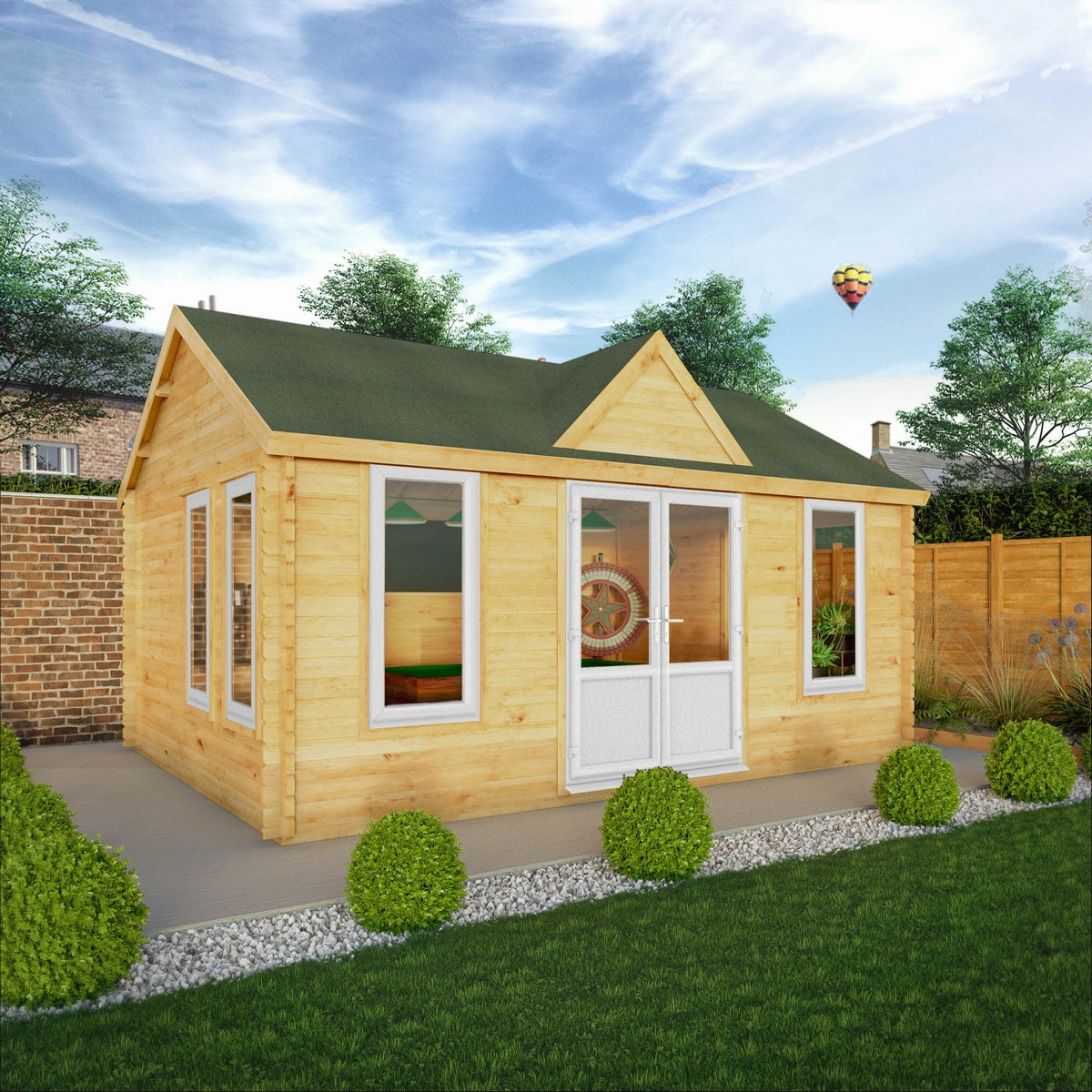 Mercia Clock Tower 13' 7" x 17' 6" Apex Log Cabin - Premium 44mm Cladding Loglap - White UPVC