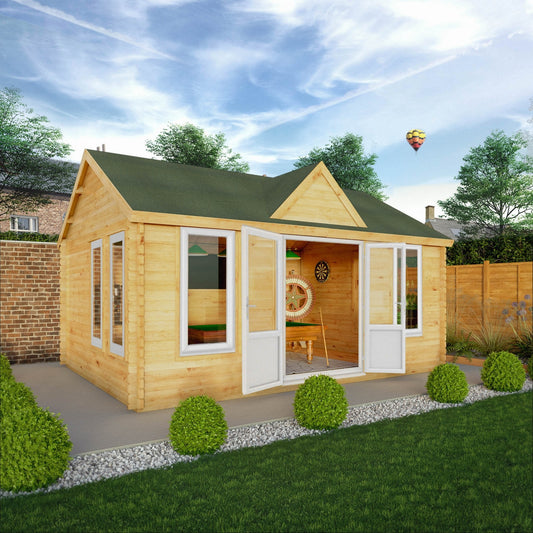 Mercia Clock Tower 13' 7" x 17' 6" Apex Log Cabin - Premium 44mm Cladding Loglap - White UPVC