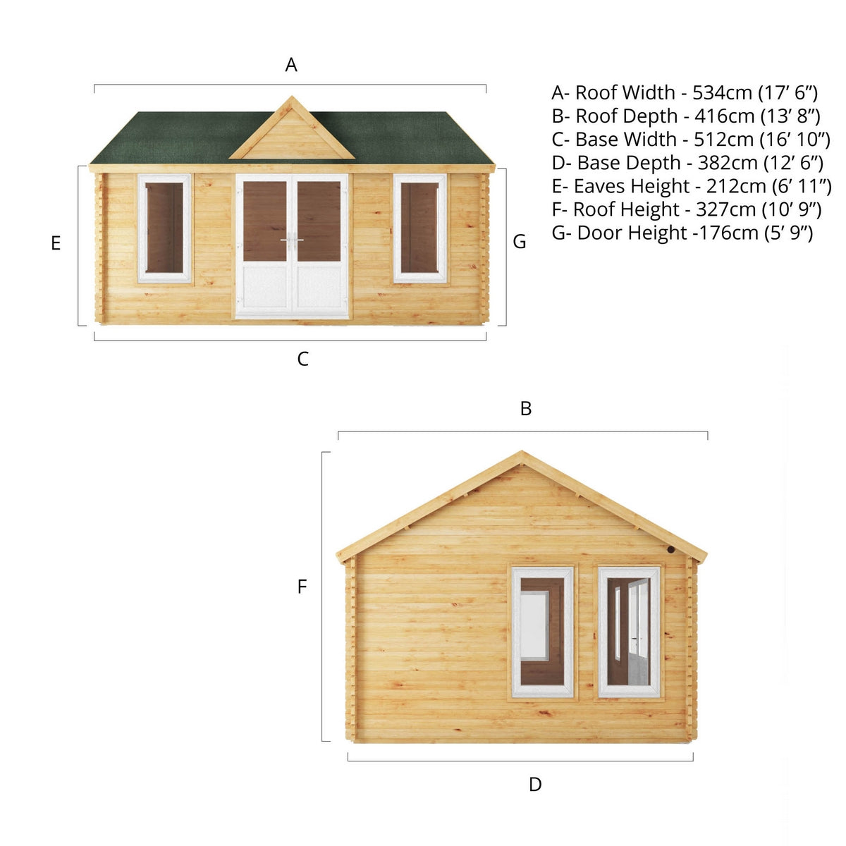 Mercia Clock Tower 13' 7" x 17' 6" Apex Log Cabin - Premium 44mm Cladding Loglap - White UPVC