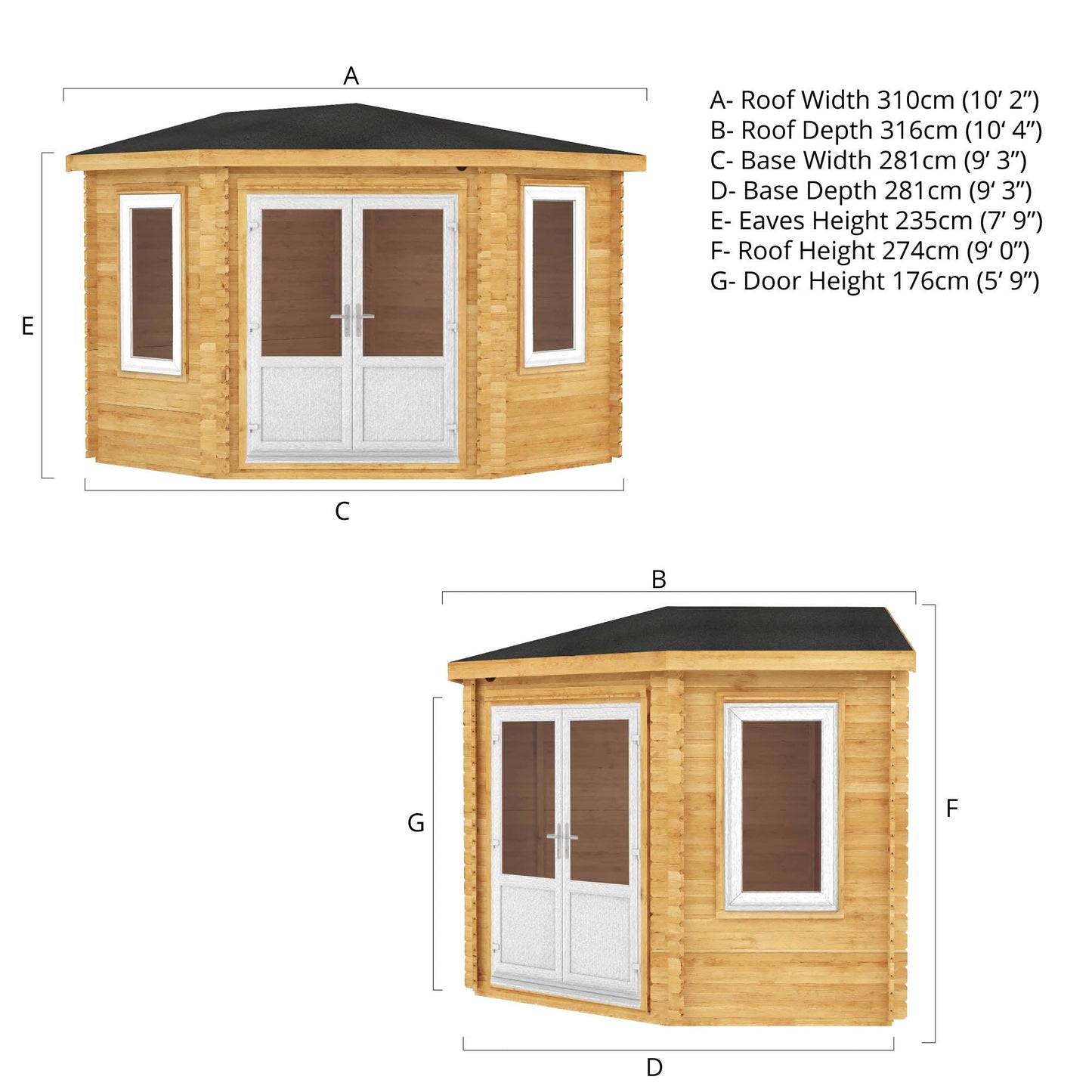 Mercia Corner 10' 4" x 10' 2" Hip Log Cabin - Premium 44mm Cladding Loglap - White UPVC