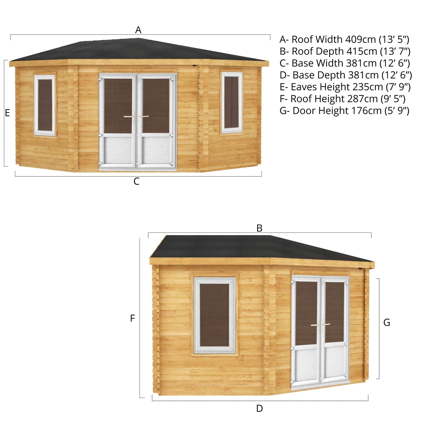 Mercia Corner 13' 7" x 13' 5" Hip Log Cabin - Premium 44mm Cladding Loglap - White UPVC