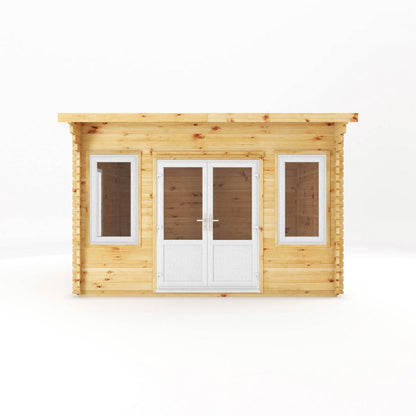 Mercia Helios 11' 5" x 13' 4" Curved Log Cabin - Premium 44mm Cladding Loglap - White UPVC