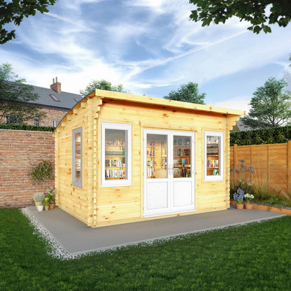 Mercia Helios 11' 5" x 13' 4" Curved Log Cabin - Premium 44mm Cladding Loglap - White UPVC
