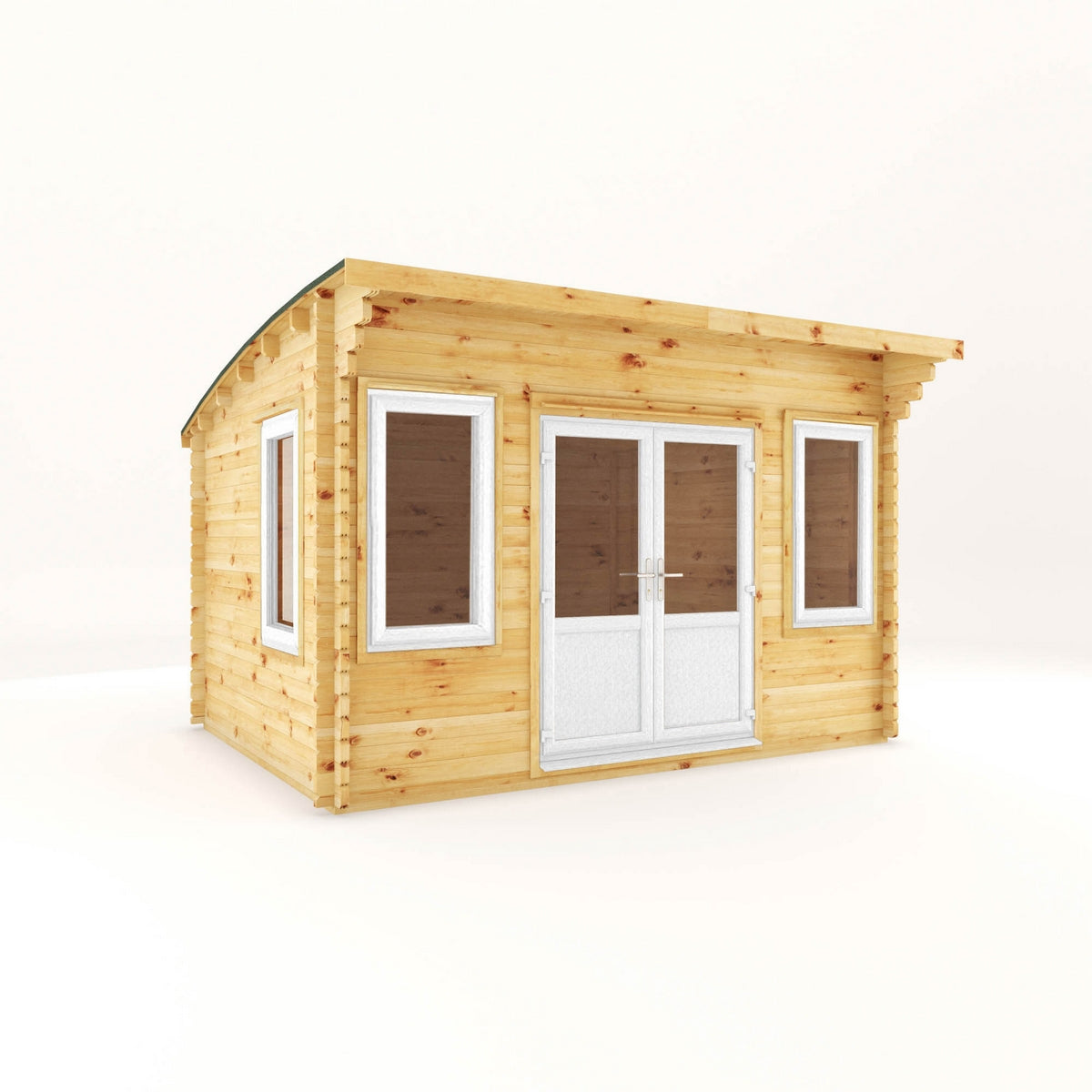 Mercia Helios 11' 5" x 13' 4" Curved Log Cabin - Premium 44mm Cladding Loglap - White UPVC