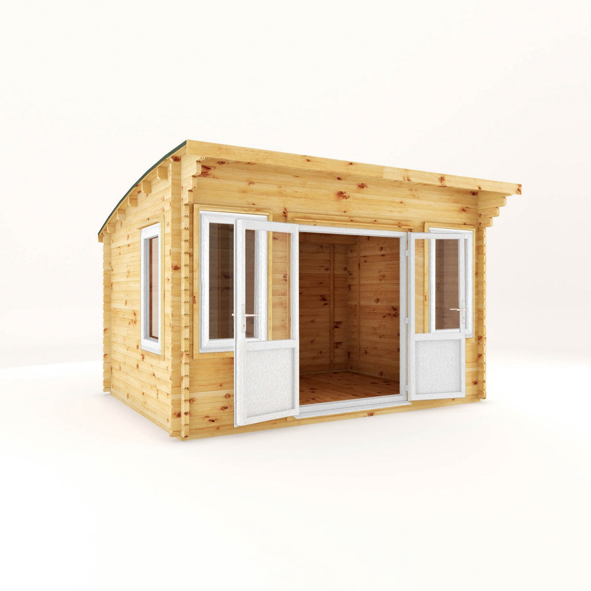 Mercia Helios 11' 5" x 13' 4" Curved Log Cabin - Premium 44mm Cladding Loglap - White UPVC
