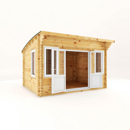 Mercia Helios 11' 5" x 13' 4" Curved Log Cabin - Premium 44mm Cladding Loglap - White UPVC