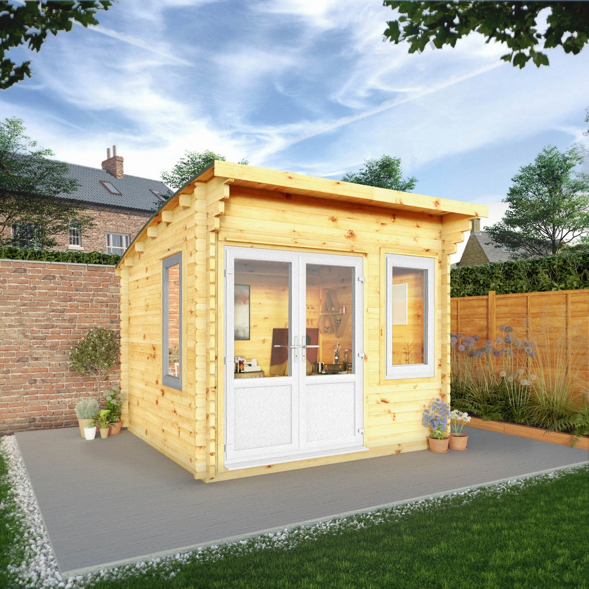 Mercia Helios 11' 5" x 10' Curved Log Cabin - Premium 44mm Cladding Loglap - White UPVC