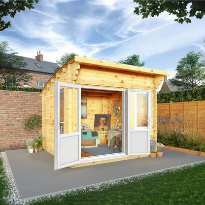 Mercia Helios 11' 5" x 10' Curved Log Cabin - Premium 44mm Cladding Loglap - White UPVC