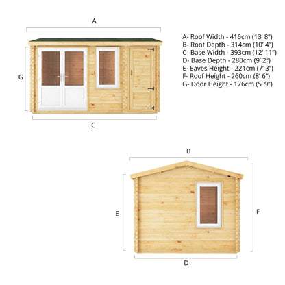 Mercia Elite 10' 3" x 13' 7" Apex Log Cabin - Premium 44mm Cladding Loglap - White UPVC