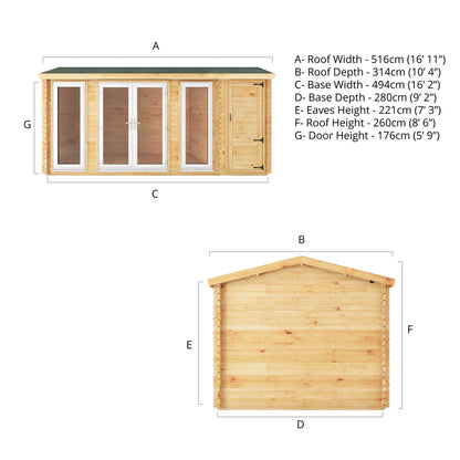 Mercia Studio 10' 3" x 16' 10" Apex Log Cabin - Premium 44mm Cladding Loglap - White UPVC