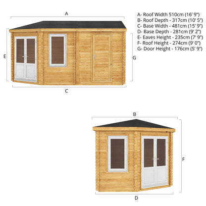 Mercia Corner 10' 4" x 16' 8" Hip Log Cabin Shed - Premium 44mm Cladding Loglap - White UPVC