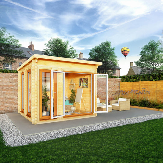 Mercia Studio 9' 11" x 9' 11" Pent Log Cabin - Premium 44mm Cladding Loglap - Brown UPVC