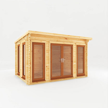 Mercia Studio 10' 11" x 13' 2" Pent Log Cabin - Premium 44mm Cladding Loglap - Brown UPVC