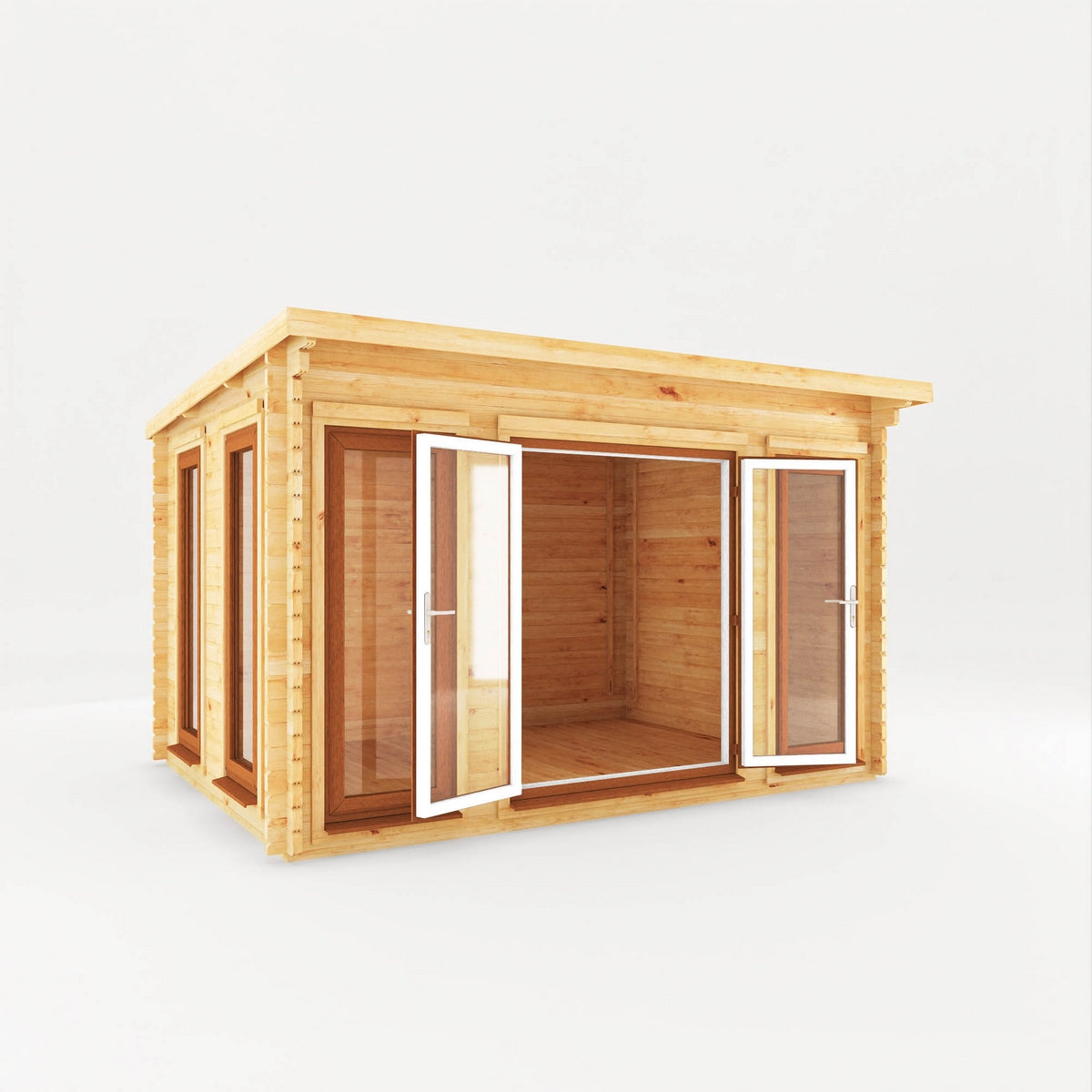 Mercia Studio 10' 11" x 13' 2" Pent Log Cabin - Premium 44mm Cladding Loglap - Brown UPVC