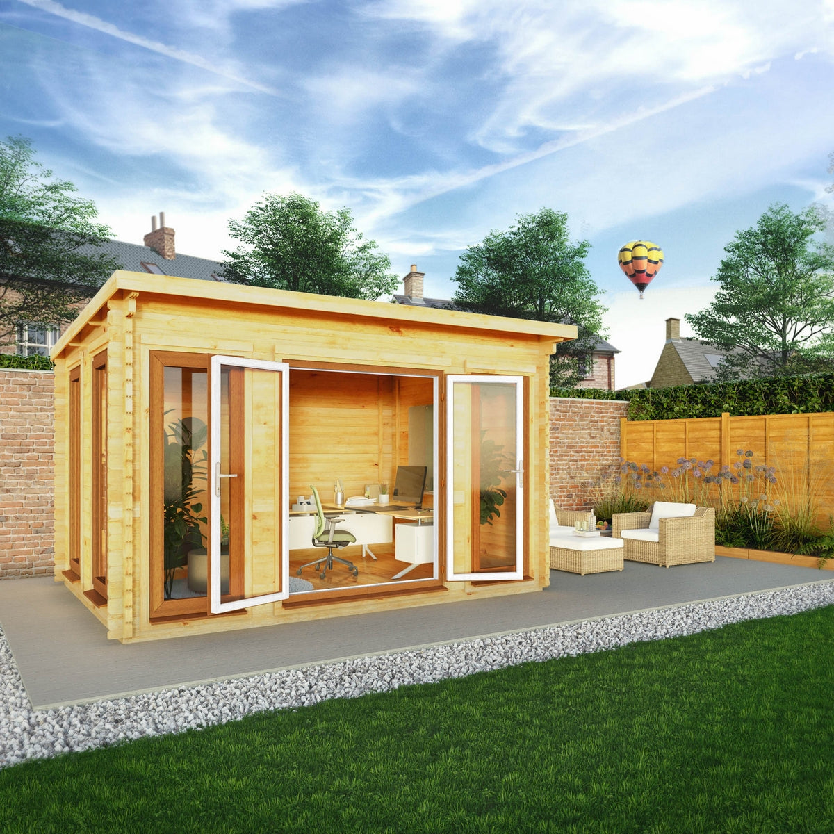 Mercia Studio 10' 11" x 13' 2" Pent Log Cabin - Premium 44mm Cladding Loglap - Brown UPVC Primary Image