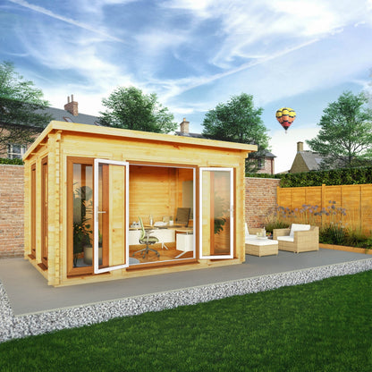 Mercia Studio 10' 11" x 13' 2" Pent Log Cabin - Premium 44mm Cladding Loglap - Brown UPVC Primary Image