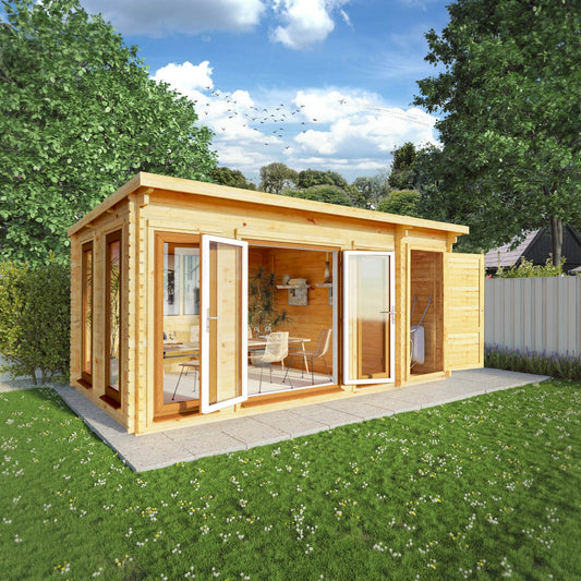 Mercia Studio 10' 11" x 16' 10" Pent Cabin with Shed - Premium 44mm Cladding Loglap - Brown UPVC