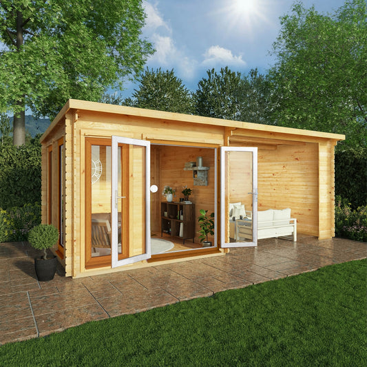 Mercia Studio 10' 11" x 19' 4" Pent Log Cabin - Premium 44mm Cladding Loglap - Brown UPVC