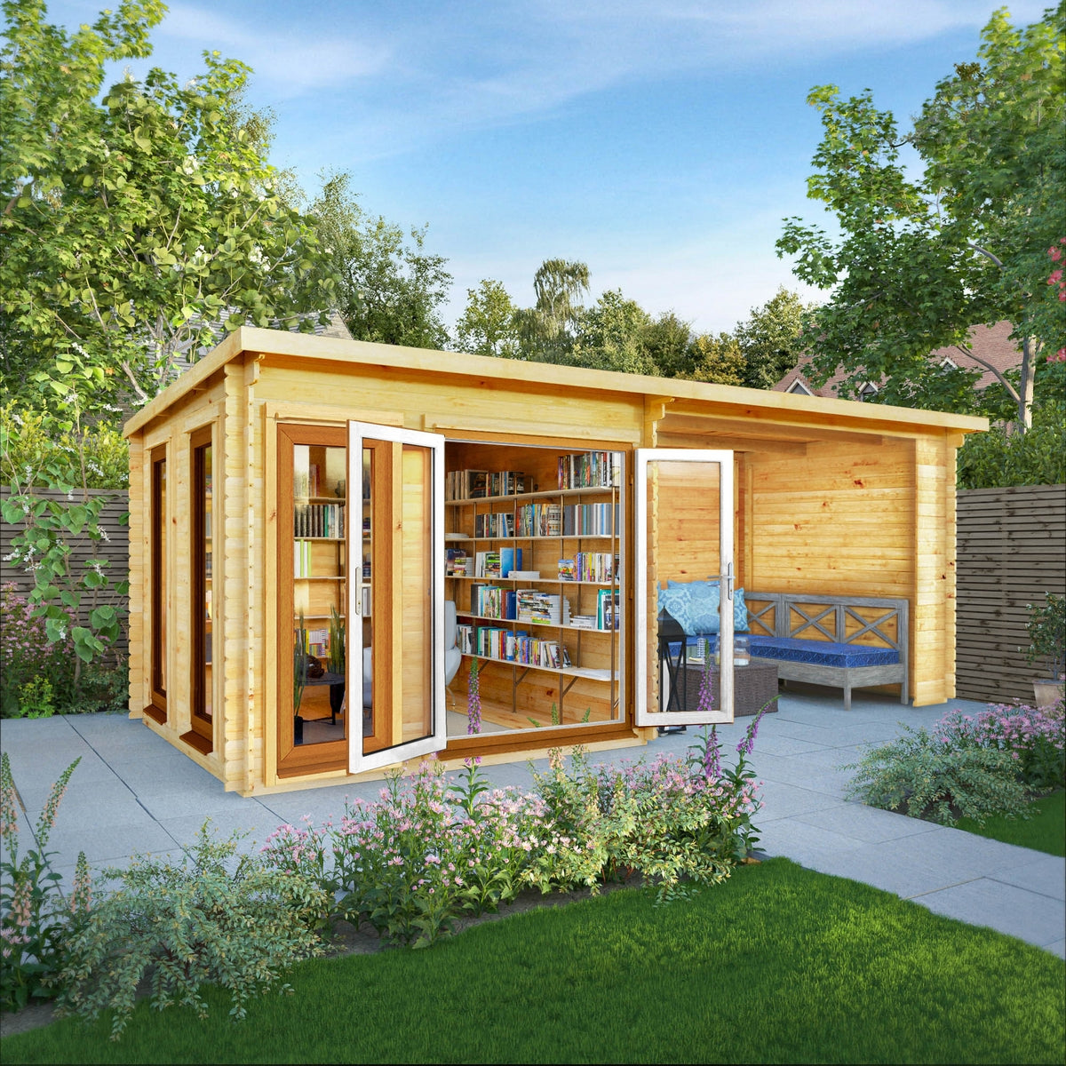 Mercia Studio 10' 11" x 19' 4" Pent Log Cabin - Premium 44mm Cladding Loglap - Brown UPVC