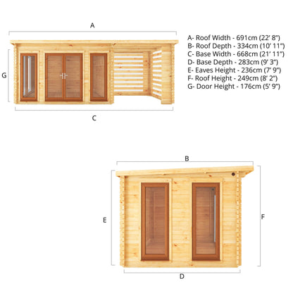 Mercia Studio 10' 11" x 22' 8" Pent Log Cabin Slatted - Premium 44mm Cladding Loglap - Brown UPVC