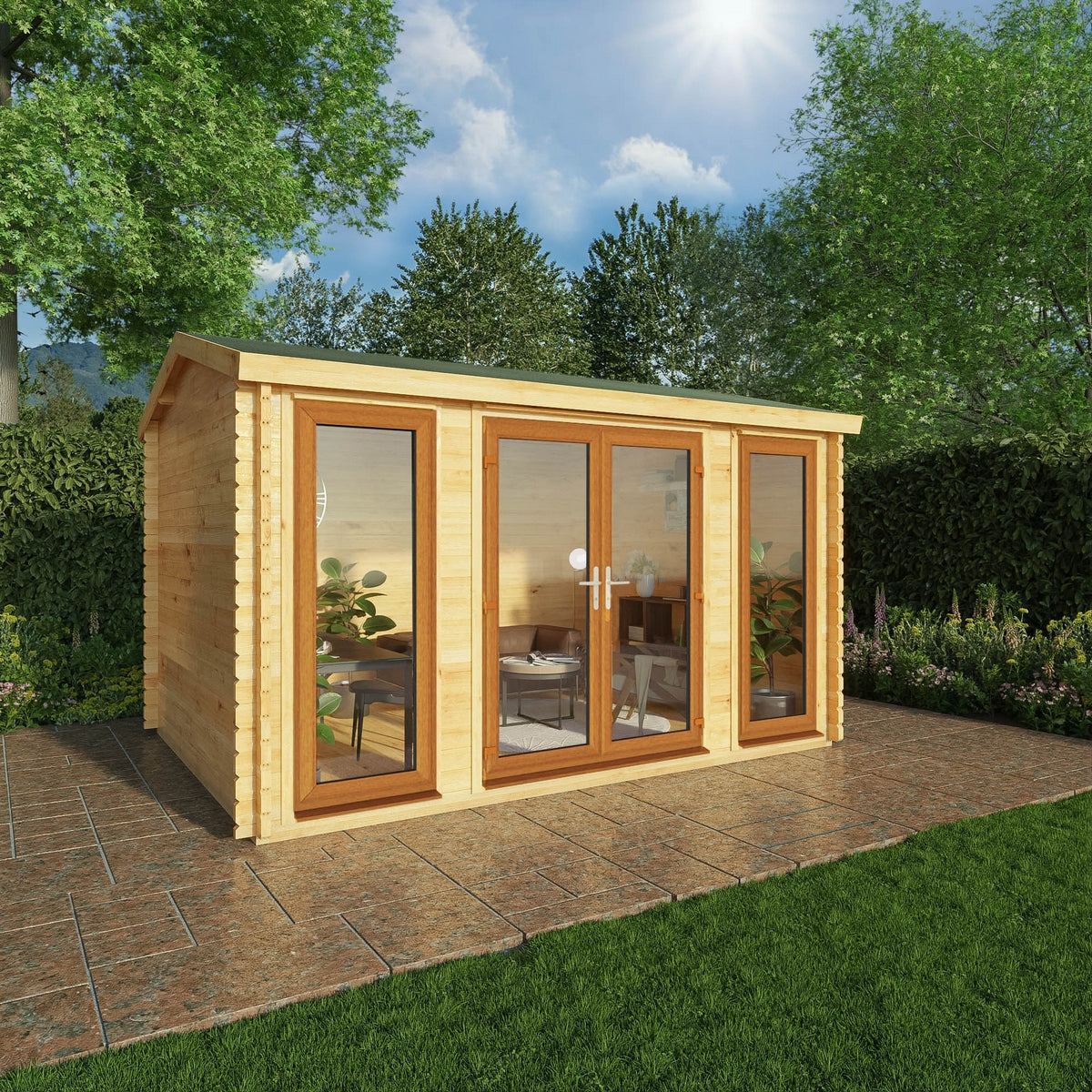 Mercia Studio 10' 3" x 13' 2" Apex Log Cabin - Premium 44mm Cladding Loglap - Brown UPVC