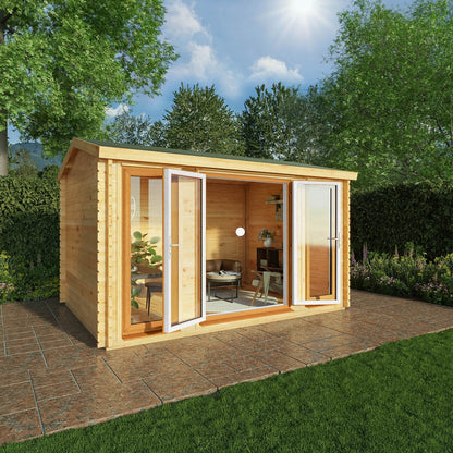 Mercia Studio 10' 3" x 13' 2" Apex Log Cabin - Premium 44mm Cladding Loglap - Brown UPVC