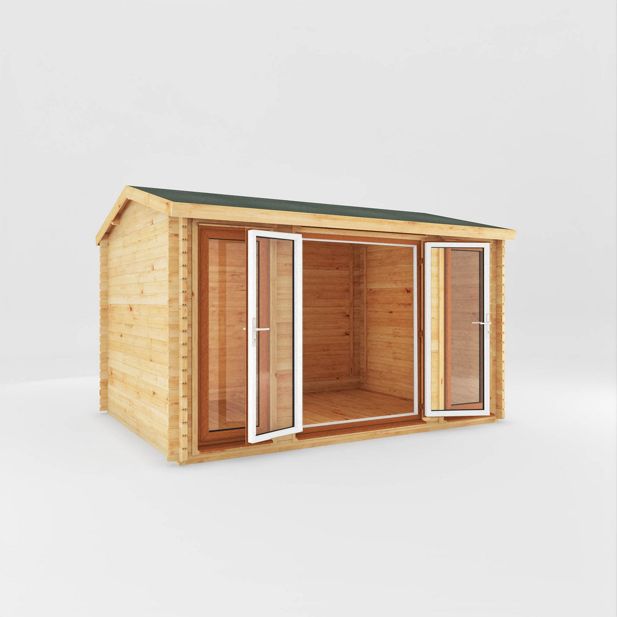 Mercia Studio 10' 3" x 13' 2" Apex Log Cabin - Premium 44mm Cladding Loglap - Brown UPVC