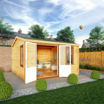 Mercia Elite 13' 6" x 13' 2" Apex Log Cabin - Premium 44mm Cladding Loglap - Brown UPVC