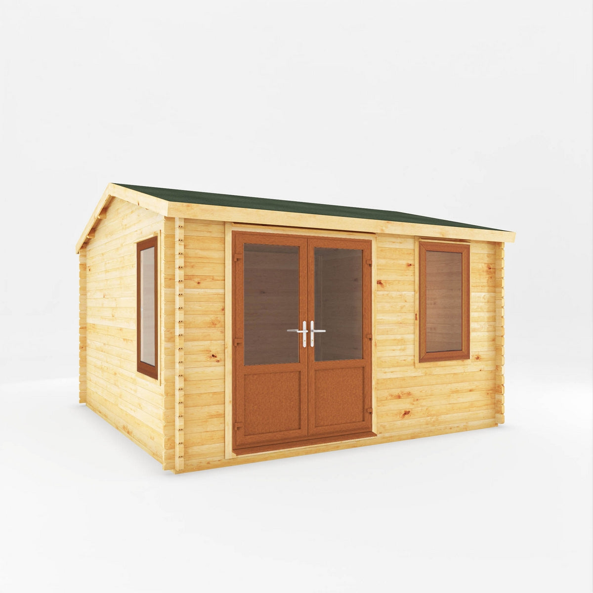 Mercia Elite 13' 6" x 13' 2" Apex Log Cabin - Premium 44mm Cladding Loglap - Brown UPVC