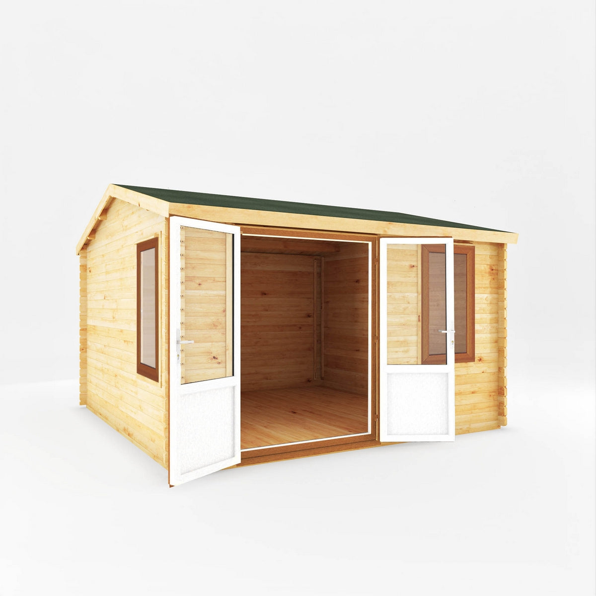 Mercia Elite 13' 6" x 13' 2" Apex Log Cabin - Premium 44mm Cladding Loglap - Brown UPVC
