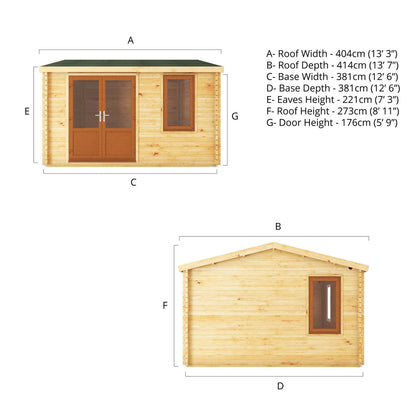 Mercia Elite 13' 6" x 13' 2" Apex Log Cabin - Premium 44mm Cladding Loglap - Brown UPVC