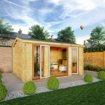 Mercia Studio 11' 11" x 14' 10" Apex Log Cabin - Premium 44mm Cladding Loglap - Brown UPVC