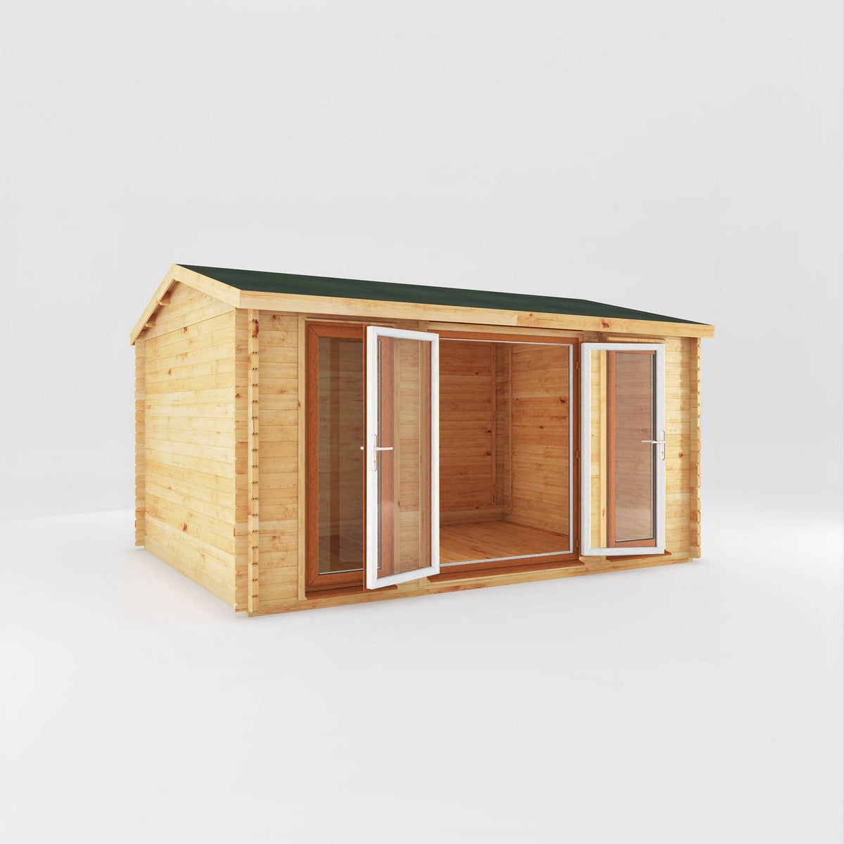Mercia Studio 11' 11" x 14' 10" Apex Log Cabin - Premium 44mm Cladding Loglap - Brown UPVC