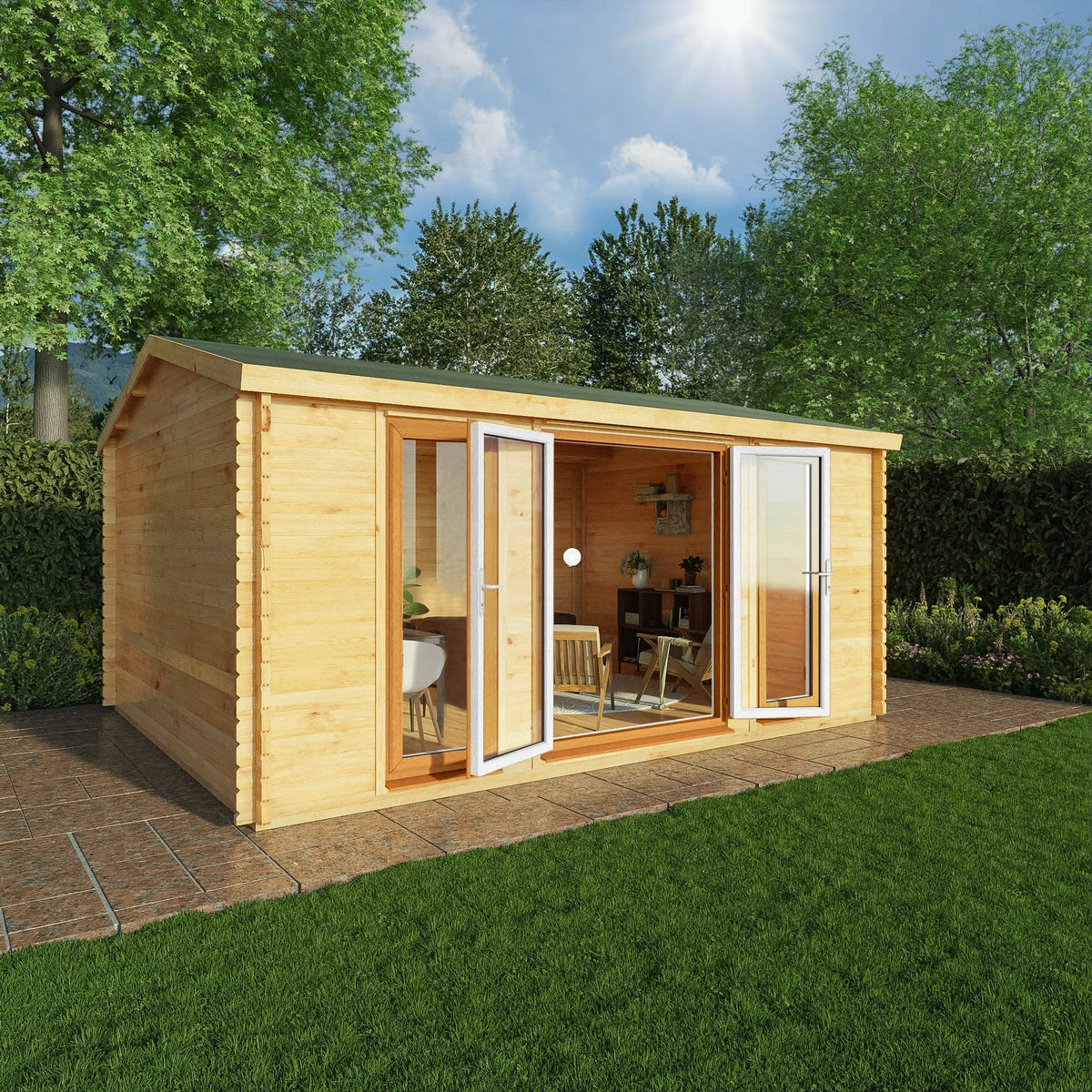 Mercia Studio 13' 7" x 16' 6" Apex Log Cabin - Premium 44mm Cladding Loglap - Brown UPVC