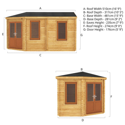 Mercia Corner 10' 4" x 16' 8" Hip Log Cabin - Premium 44mm Cladding Loglap - Brown UPVC