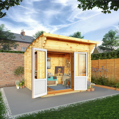 Mercia Helios 11' 5" x 10' Curved Log Cabin - Premium 44mm Cladding Loglap - Brown UPVC