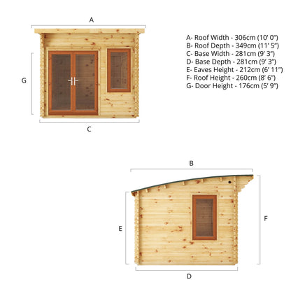 Mercia Helios 11' 5" x 10' Curved Log Cabin - Premium 44mm Cladding Loglap - Brown UPVC