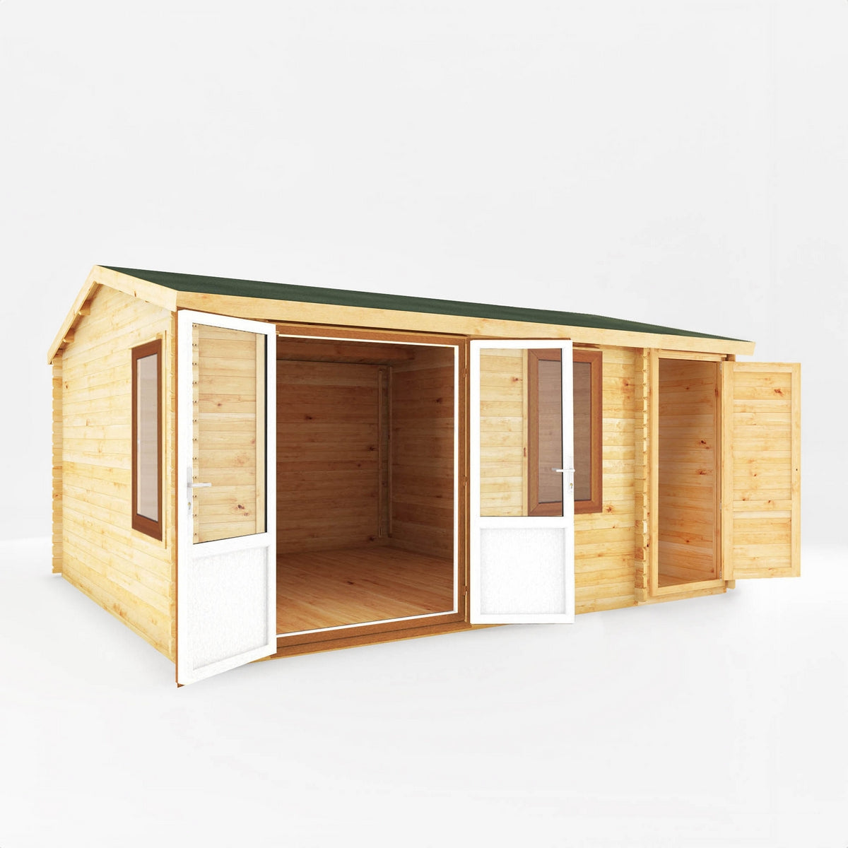 Mercia Elite 13' 6" x 16' 11" Apex Log Cabin - Premium 44mm Cladding Loglap - Brown UPVC