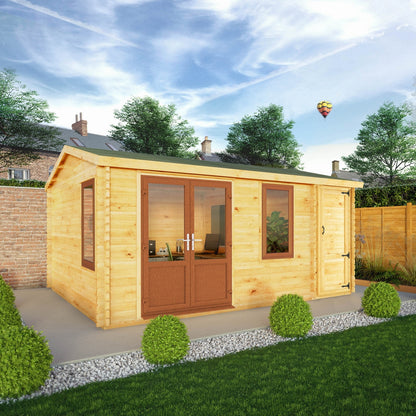 Mercia Elite 13' 6" x 16' 11" Apex Log Cabin - Premium 44mm Cladding Loglap - Brown UPVC