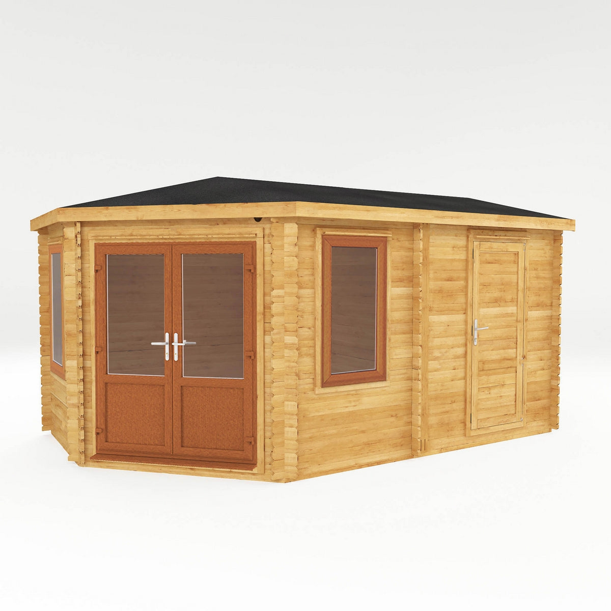 Mercia Corner 10' 4" x 16' 8" Hip Log Cabin Shed - Premium 44mm Cladding Loglap - Brown UPVC